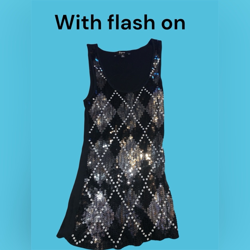 Express Small but stretchy Black and Silver Sequin Tank Top 100% Pima Cotton - Picture 2 of 7